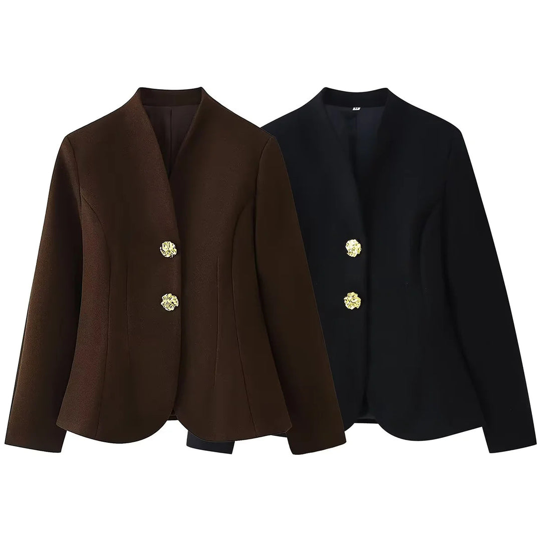 Women's fitted blazer without lapels featuring decorative gold buttons and rounded hem Mune Fashion
