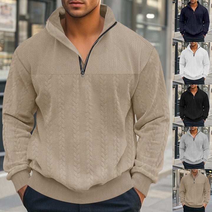 Men's structured half-zip knit pullover with stand-up collar and cable pattern Mune Fashion