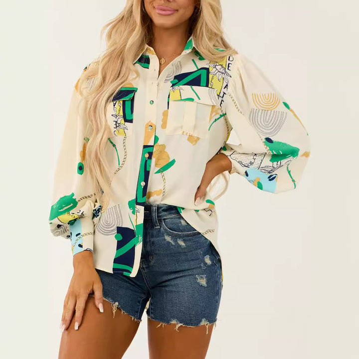 Women's oversized shirt blouse with graphic all-over print, breast pockets, and balloon sleeves Mune Fashion