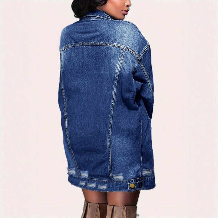 Women's Oversize Longline Denim Jacket with Distressed Details and Flap Pockets Mune Fashion