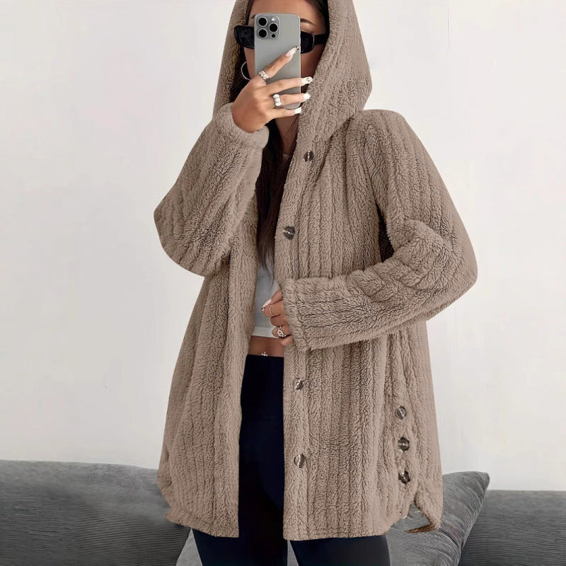 Women's Hooded Teddy Coat with Button Placket and Oversized Fit Mune Fashion