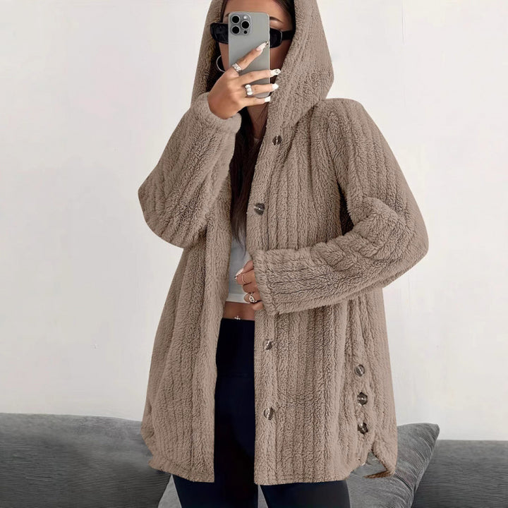 Women's Hooded Teddy Coat with Button Placket and Oversized Fit Mune Fashion