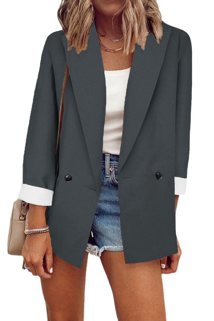 Women's Oversize Longline Blazer with 3/4 Sleeves, Contrast Lapel and Patch Pockets Mune Fashion