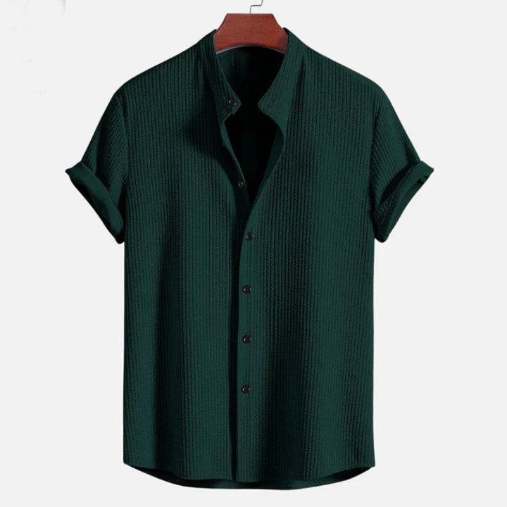 Men's Short Sleeve Structured Shirt with Stand Collar and Rolled-Up Sleeves Mune Fashion