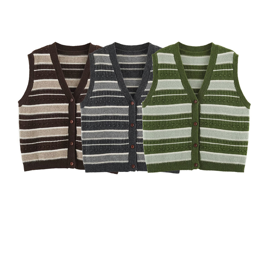 Women's fine knitted vest with V-neck, textured stripes and button placket Mune Fashion