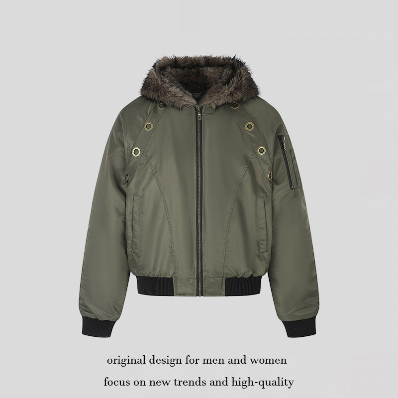 Women's short-cut bomber jacket with faux fur hood and eyelet application Mune Fashion