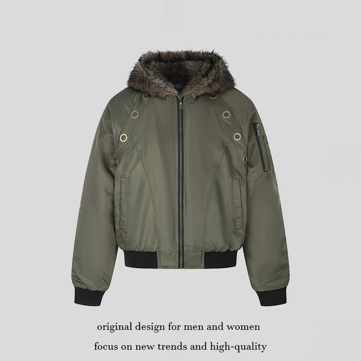 Women's short-cut bomber jacket with faux fur hood and eyelet application Mune Fashion