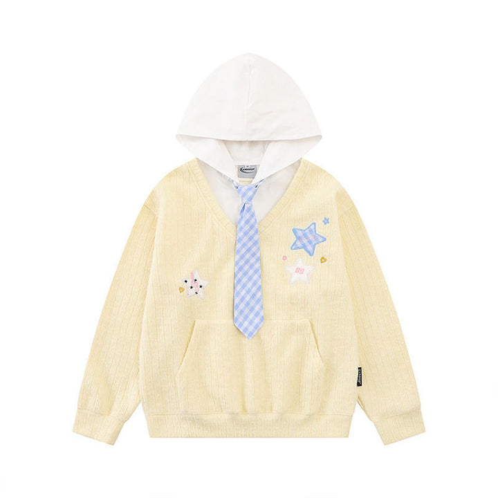 Women's hoodie with V-neck, attached tie application and star patches Mune Fashion