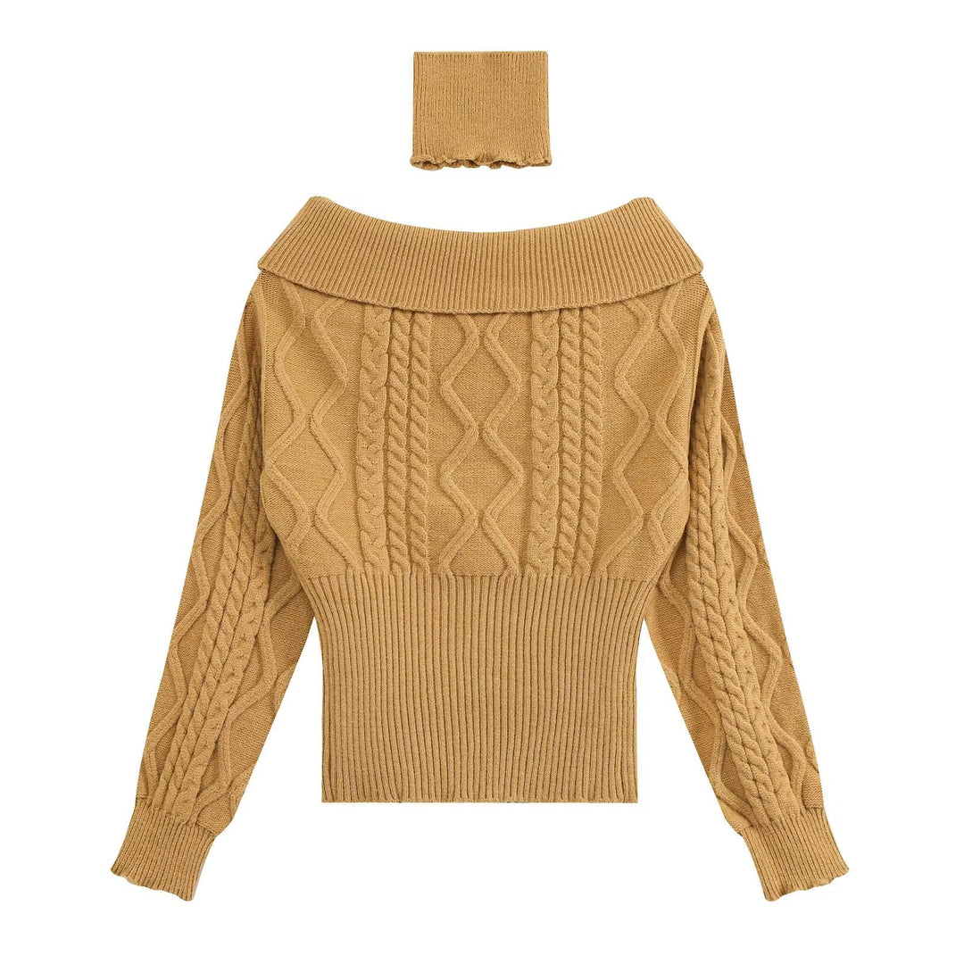 Women Off-Shoulder Cable Knit Sweater with Wide Folded Collar Drune