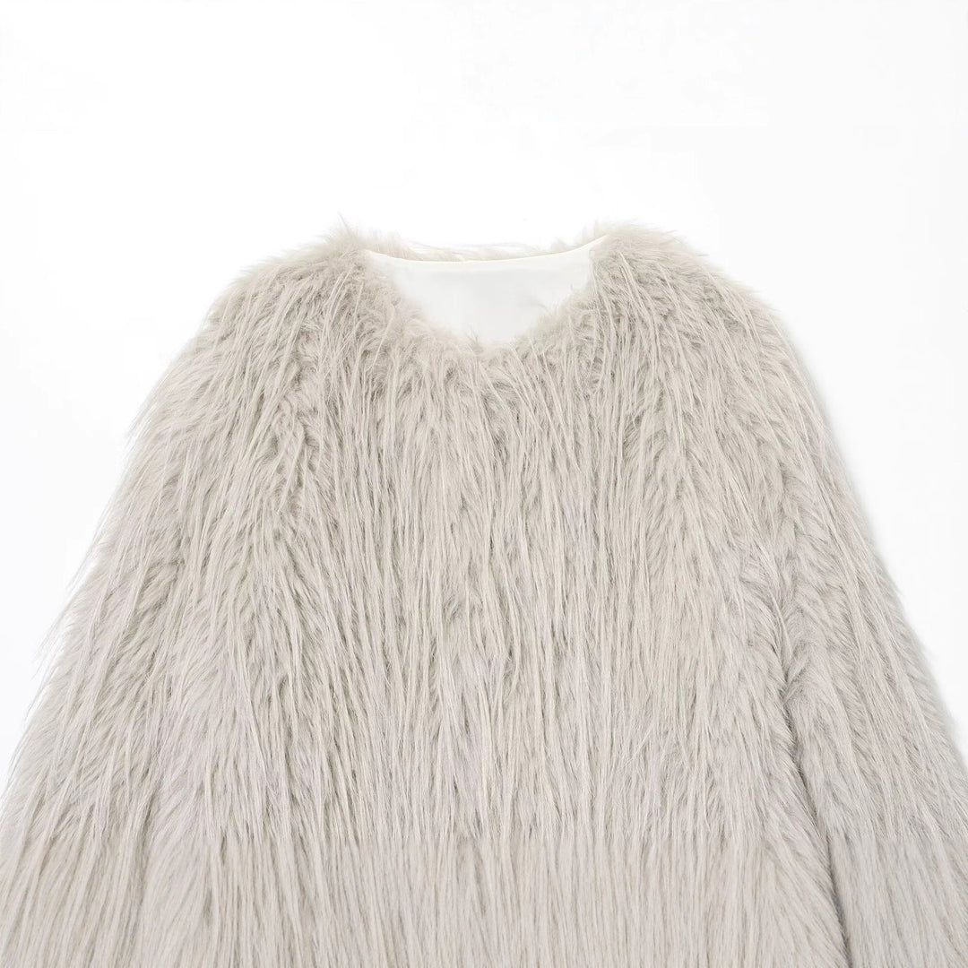 Women's Faux Fur Coat with Long Shaggy Fur and Round Neckline Mune Fashion