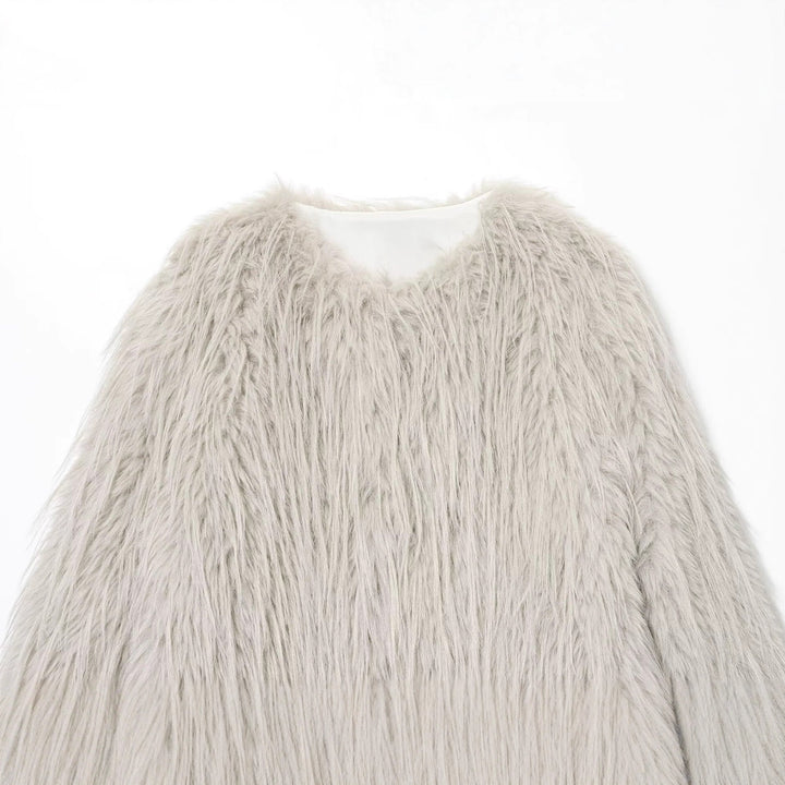 Women's Faux Fur Coat with Long Shaggy Fur and Round Neckline Mune Fashion
