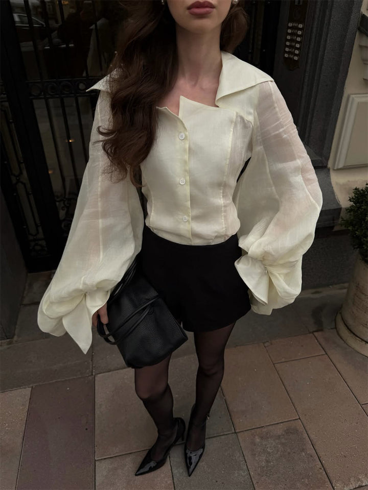Women's Transparent Blouse Top with Tailored Corset Look and Voluminous Balloon Sleeves Mune Fashion
