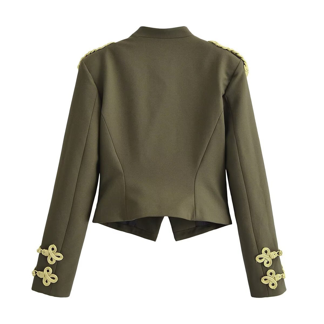 Women's fitted military short jacket with stand-up collar, epaulettes, and adorned decorative knots Drune