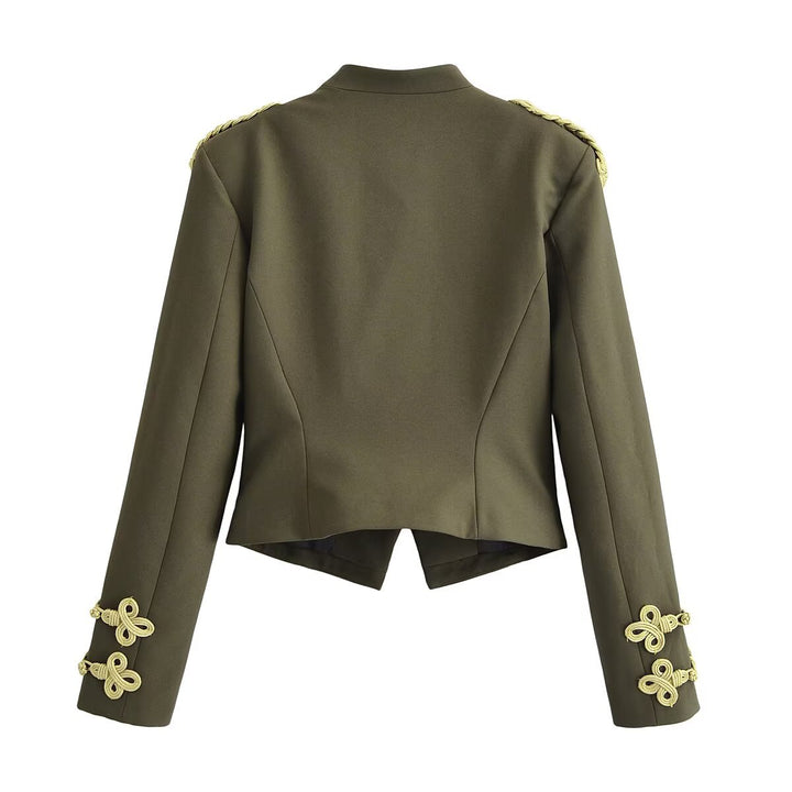 Women's fitted military short jacket with stand-up collar, epaulettes, and adorned decorative knots Drune