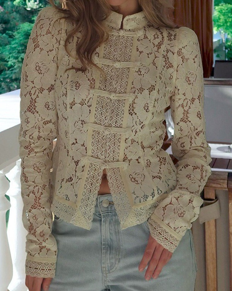 Women's figure-hugging lace blouse with stand collar, decorative knot closure, and crocheted hem Mune Fashion