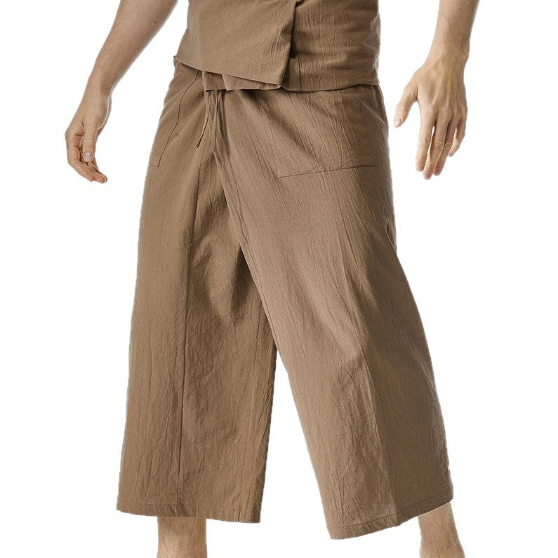 Men's loosely fitted linen harem pants with high foldover waistband and patch pockets Mune Fashion