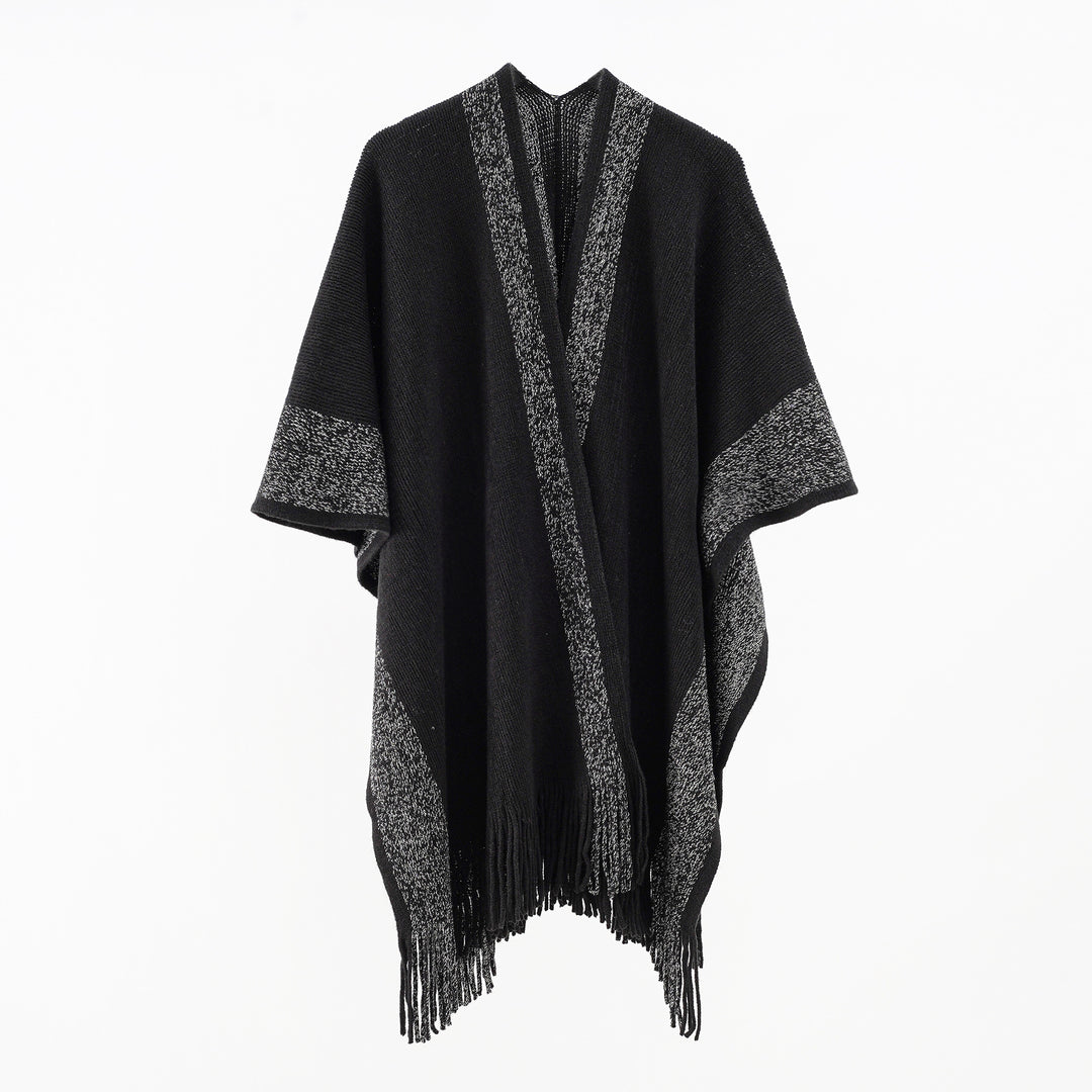 Women Oversize Knit Cape with Fringes and Contrasting Border Mune Fashion