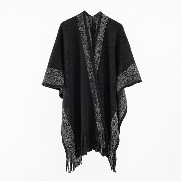 Women Oversize Knit Cape with Fringes and Contrasting Border Mune Fashion