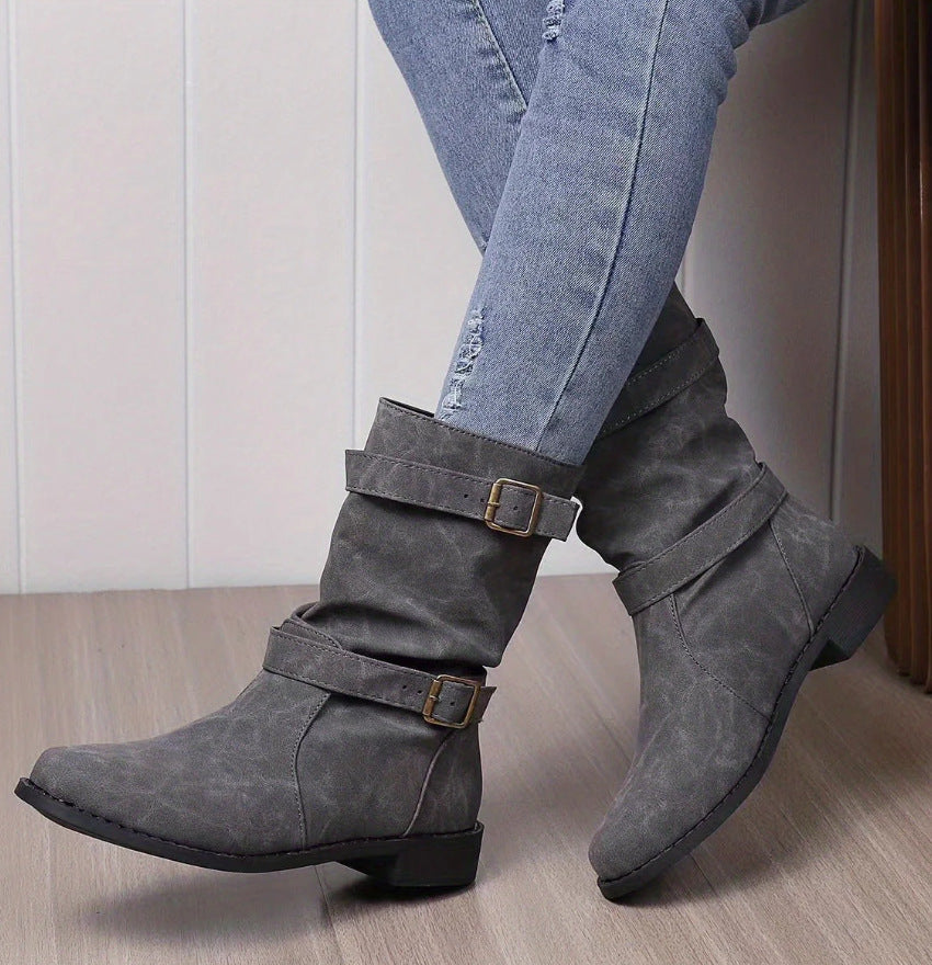 Women’s casual slouch ankle boots with two decorative straps and decorative metal buckles Mune Fashion