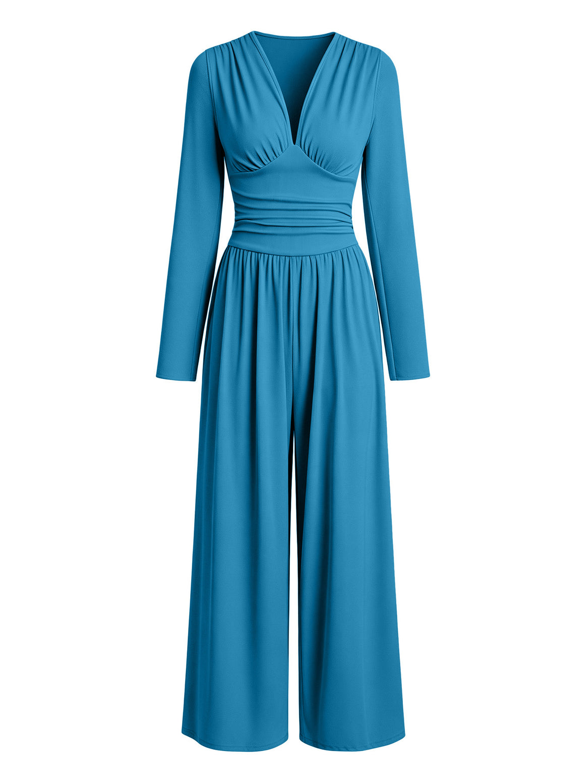 Ladies Elegant V-Neck Jumpsuit with Fitted Wrap Waist and Wide Leg Mune Fashion