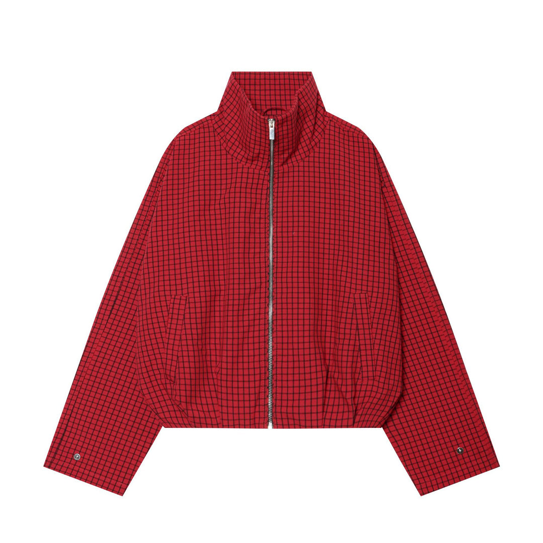 Women's Cropped Bomber Jacket with High Stand-Up Collar, Checkered Pattern and Elastic Hem Mune Fashion