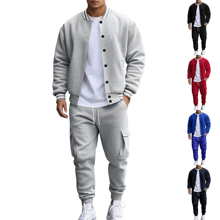 Men's sporty college two-piece made of heavy sweat with ribbed cuffs, snap-button bomber jacket and cargo jogger Mune Fashion