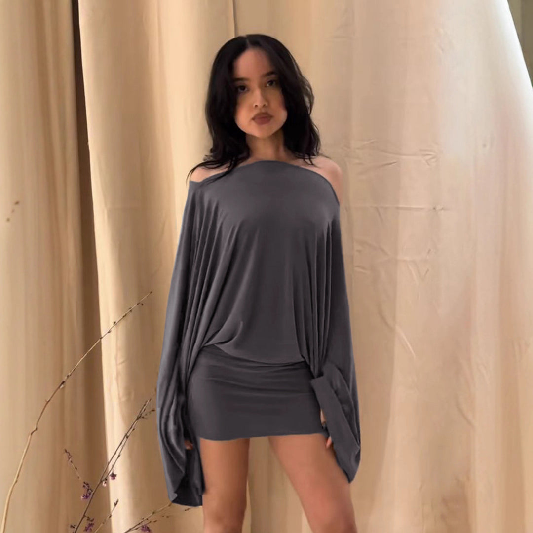 Women's off-shoulder draped blouson top with wide batwing sleeves and tapered cuff Mune Fashion