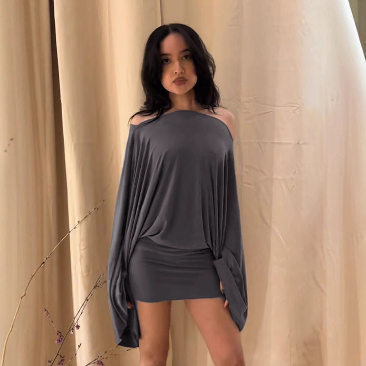 Women's off-shoulder draped blouson top with wide batwing sleeves and tapered cuff Mune Fashion