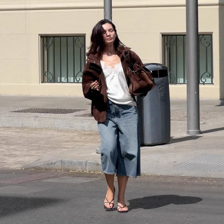 Women's short cut suede leather blouson with high stand-up collar, boxy oversized silhouette and concealed zipper Mune Fashion