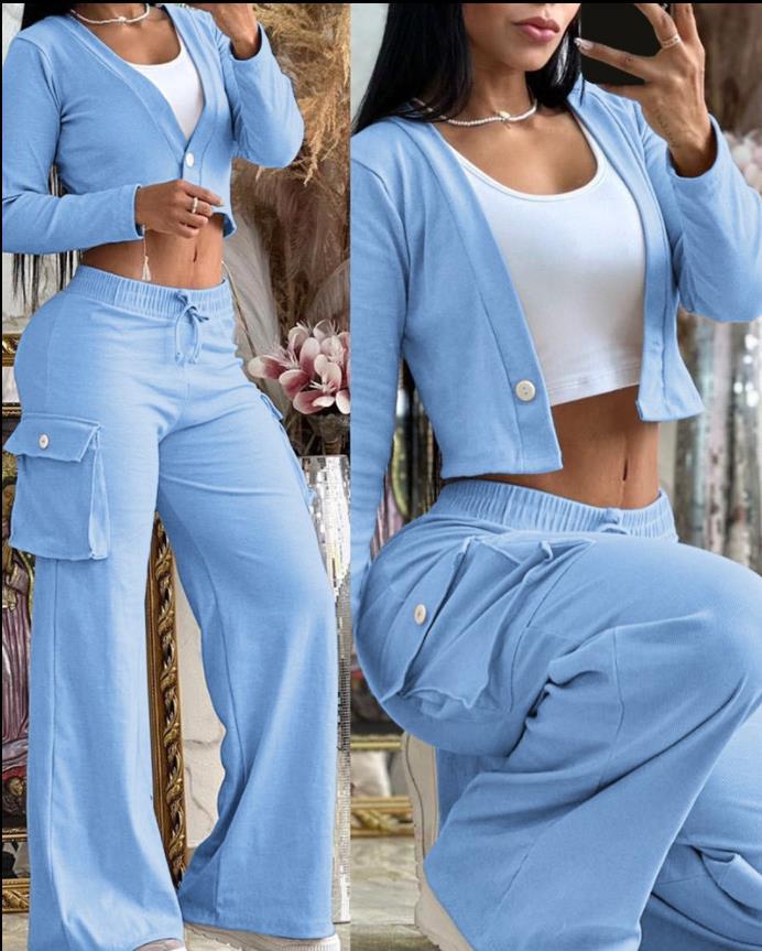 Women's Lounge Set with Soft Cargo Sweatpants with Wide Legs and Cropped Cardigan Mune Fashion