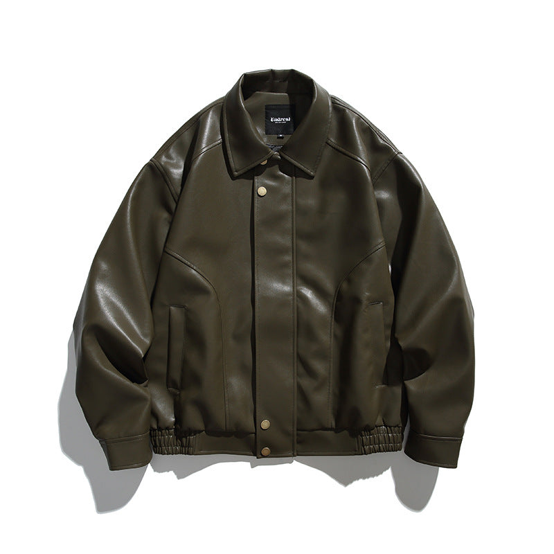Men's Boxy Faux Leather Bomber Jacket with Concealed Snap Placket, Elastic Hem, and Patch Pockets Mune Fashion