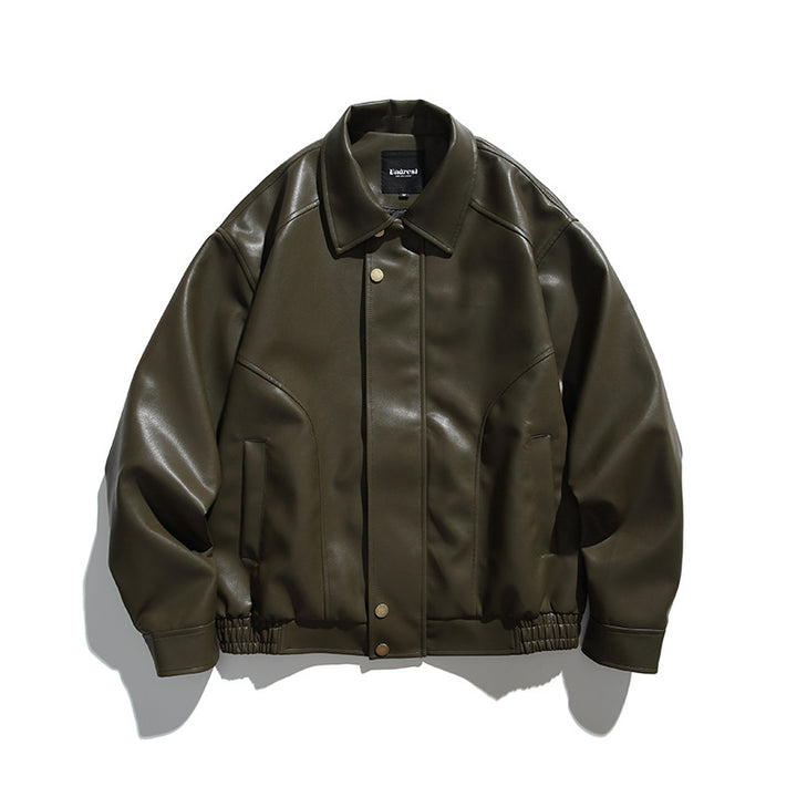 Men's Boxy Faux Leather Bomber Jacket with Concealed Snap Placket, Elastic Hem, and Patch Pockets Mune Fashion