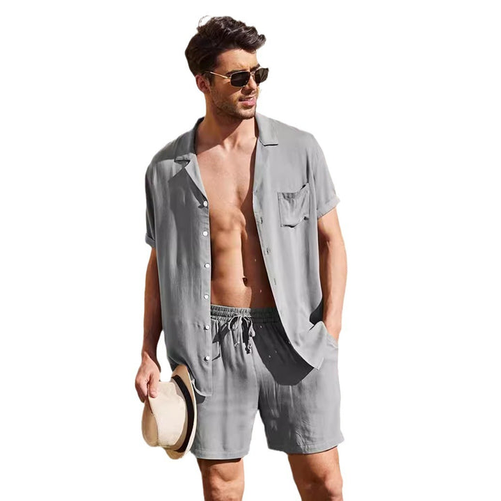 Men's two-piece summer casual ensemble with open collar shirt and elastic shorts Mune Fashion