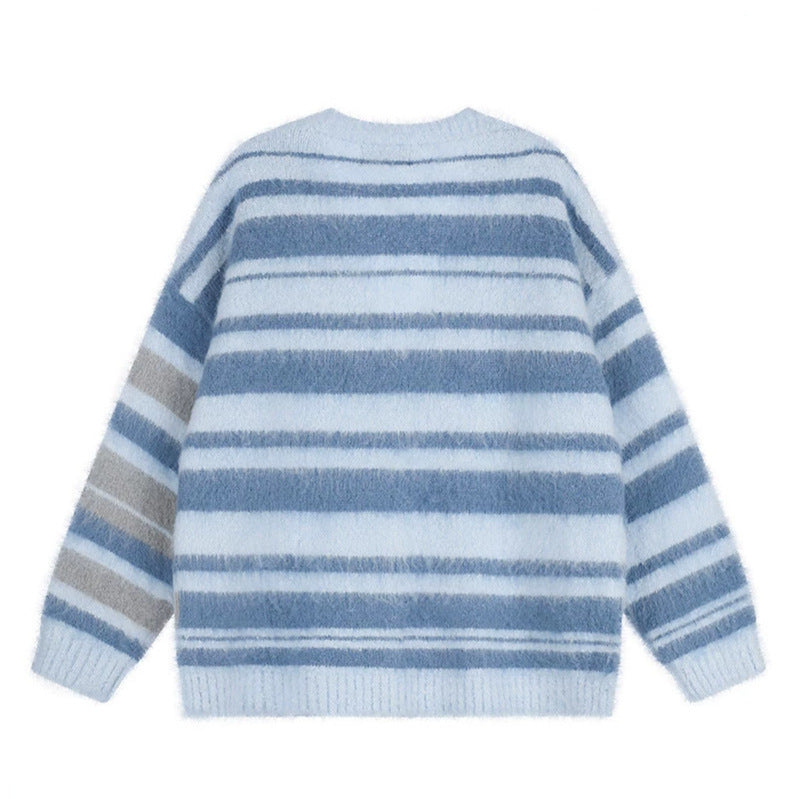 Women's oversized cardigan with V-neck, cozy mohair look and striped pattern Mune Fashion