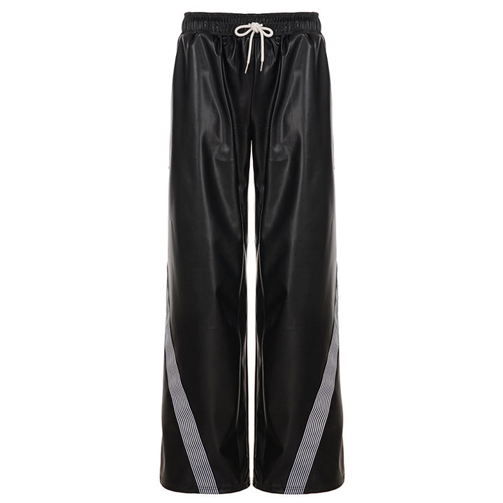 Ladies wide faux leather track pants with elastic waistband, drawstring and side stripes Mune Fashion