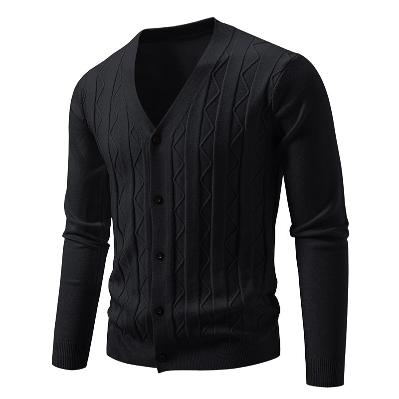 Men's V neck cardigan with subtle cable knit texture and continuous button placket Mune Fashion