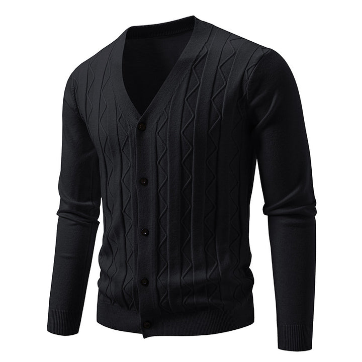 Men's V neck cardigan with subtle cable knit texture and continuous button placket Mune Fashion