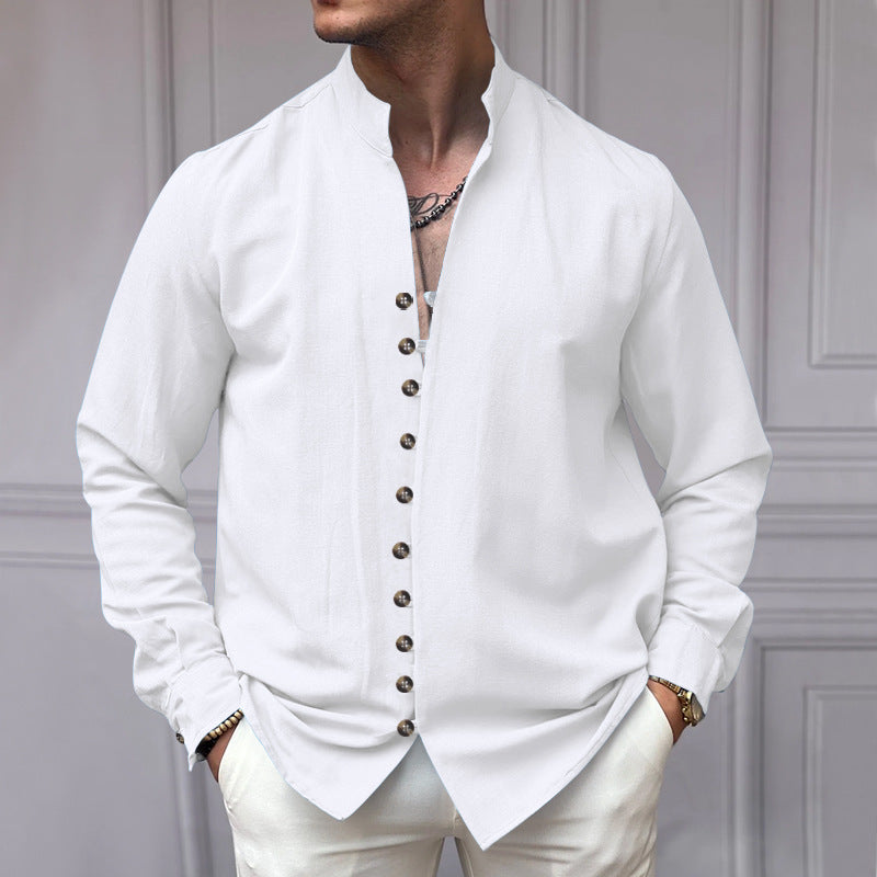 Men's elegant long-sleeve linen shirt with stand-up collar, asymmetrical button placket, and slim fit Mune Fashion