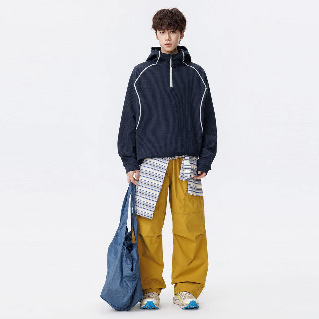 Unisex Oversize Waffle Texture Half-Zip Hoodie with Raglan Sleeves and Contrast Piping Drune