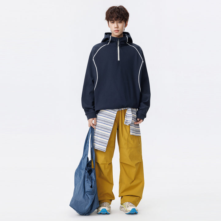 Unisex Oversize Waffle Texture Half-Zip Hoodie with Raglan Sleeves and Contrast Piping Drune
