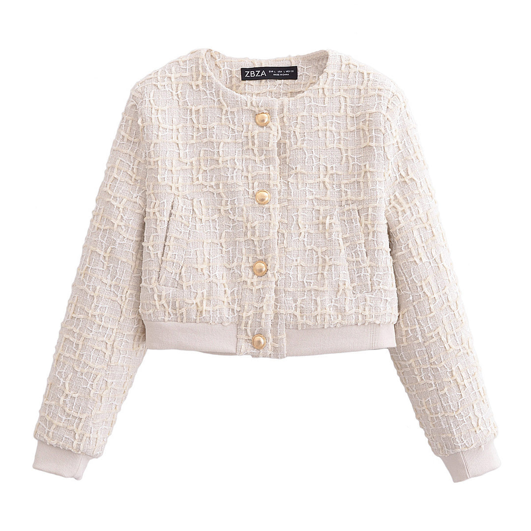 Women's tailored boucle blazer with round neckline and gold-colored press studs Mune Fashion
