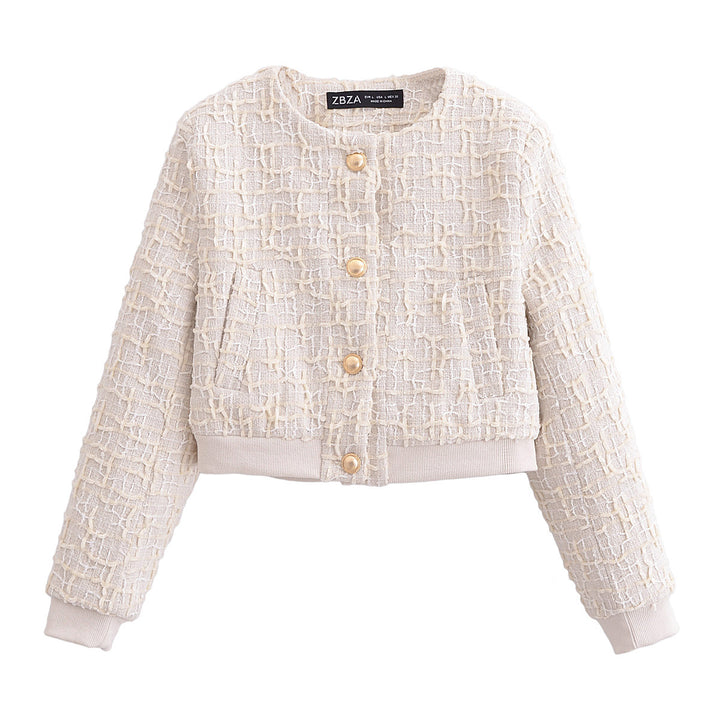 Women's tailored boucle blazer with round neckline and gold-colored press studs Mune Fashion