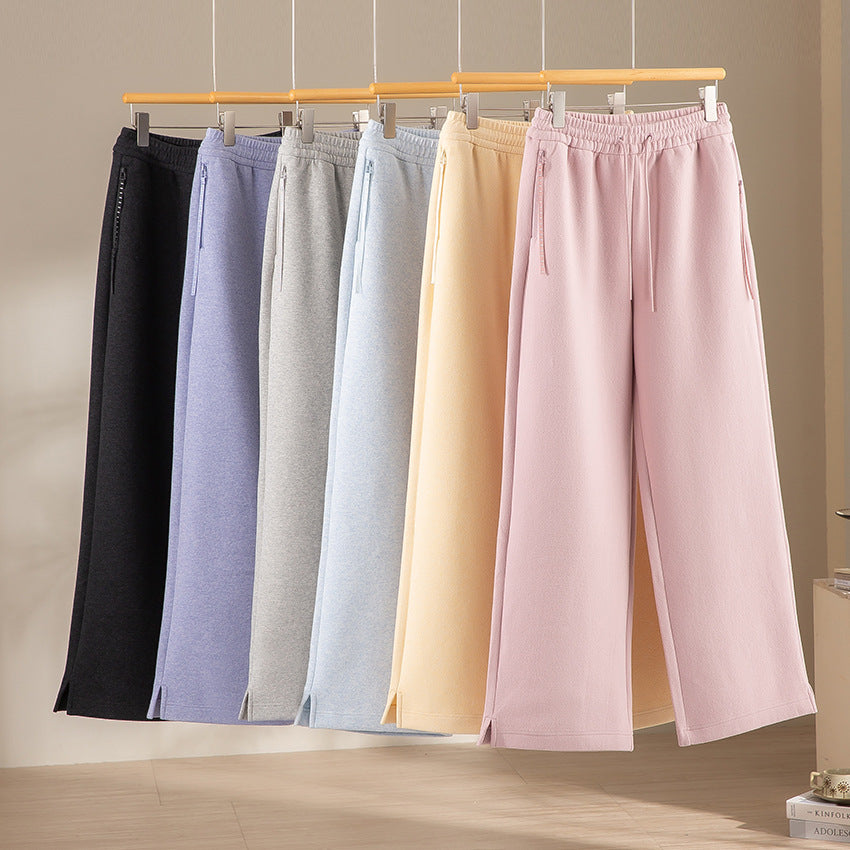 Ladies Wide Highwaist Sweatpants with Drawstring, Side Pockets and Hem Slit Mune Fashion