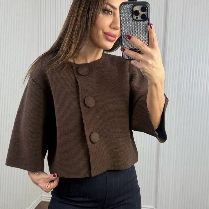 Ladies Short Boxy Cardigan with Large Fabric Buttons Mune Fashion