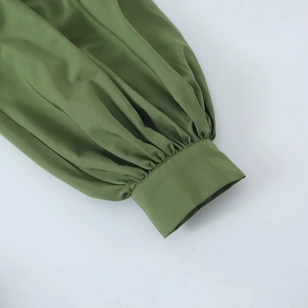 Women's Flowing Maxi Dress with Balloon Sleeves, Ruffle Details and Stand Collar Mune Fashion