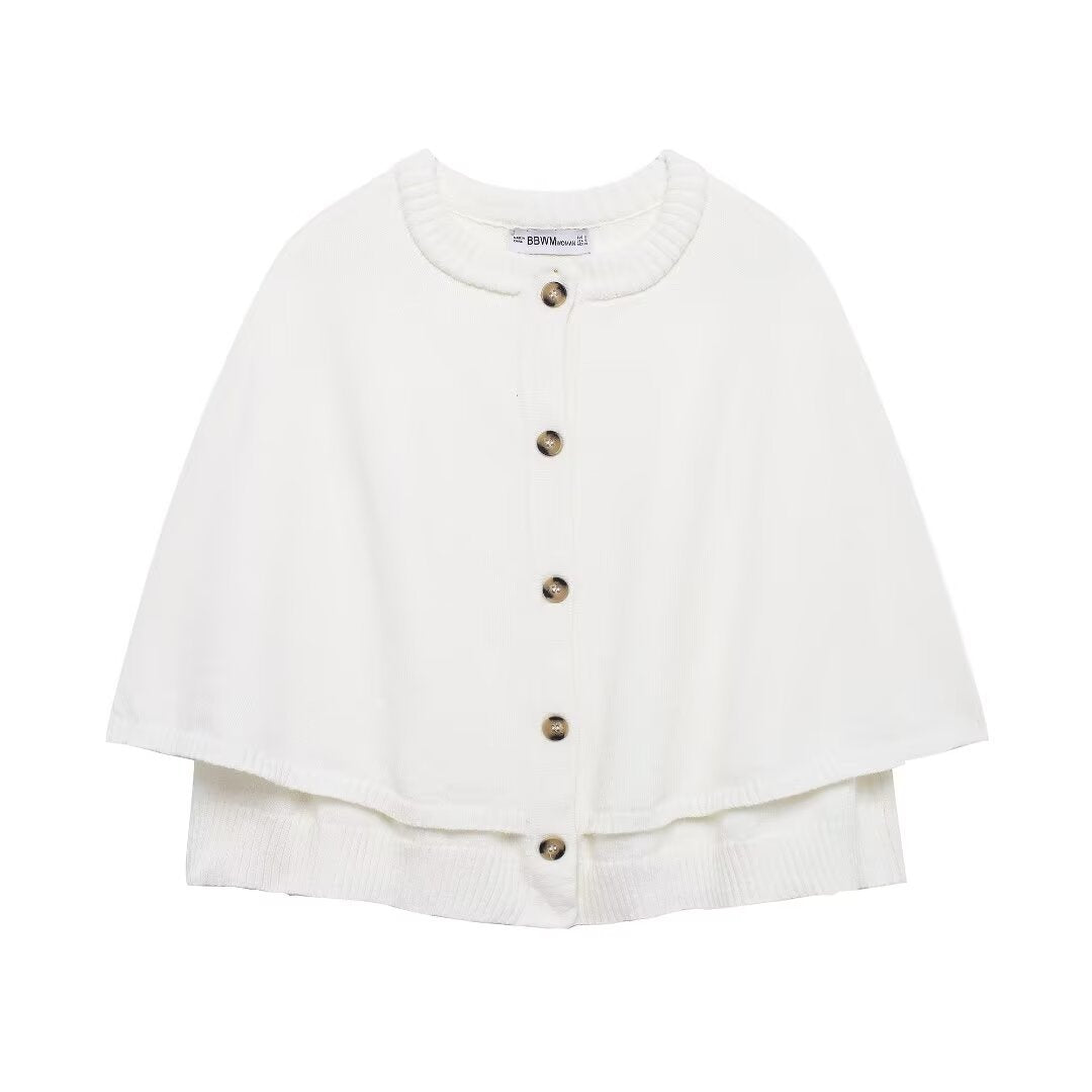 Women Cape Cardigan with Button Placket and Two-Layer Cape Mune Fashion