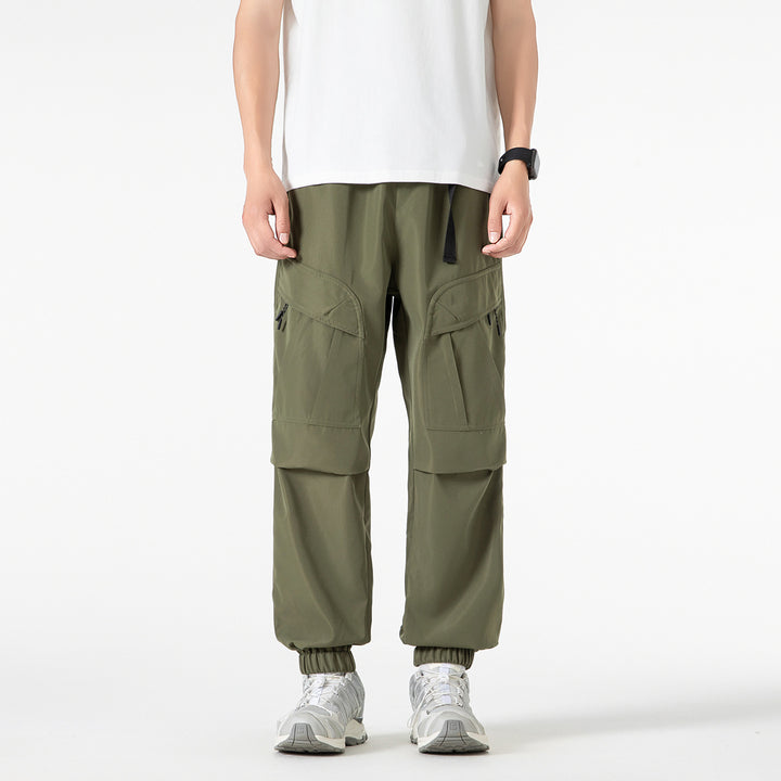 Men's Loose Technical Cargo Jogger Pants with Elastic Drawstring Waistband and Multiple Pockets Drune