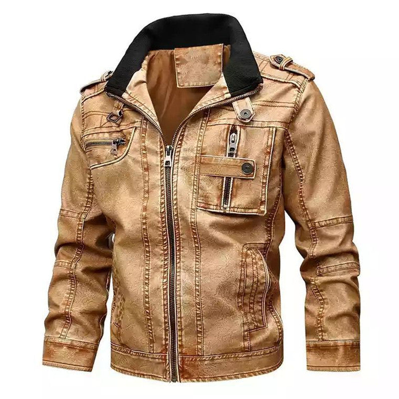 Men's Casual Faux Leather Biker Jacket with Stand Collar, Zip Front and Utility Pockets Mune Fashion