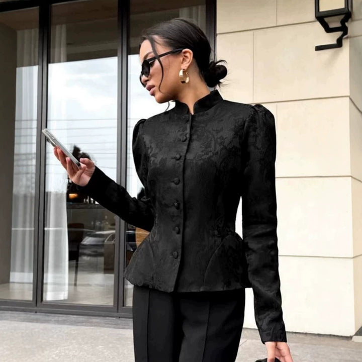 Women tailored jacquard blouse with stand-up collar and decorative button placket Mune Fashion