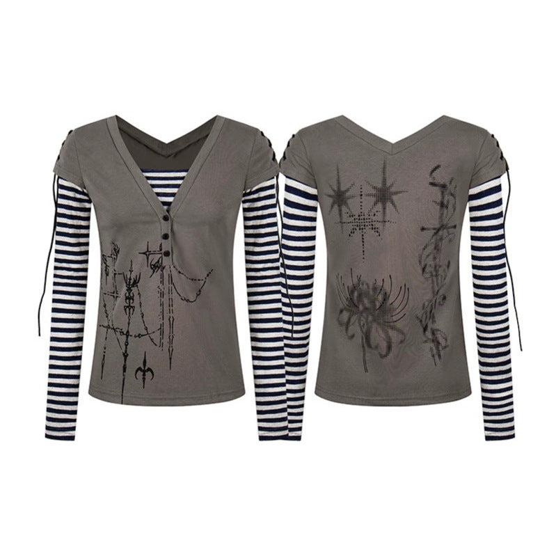 Women's Layered Long Sleeve Shirt with V-Neck, Striped Inner Layer and Lacing Detail Mune Fashion